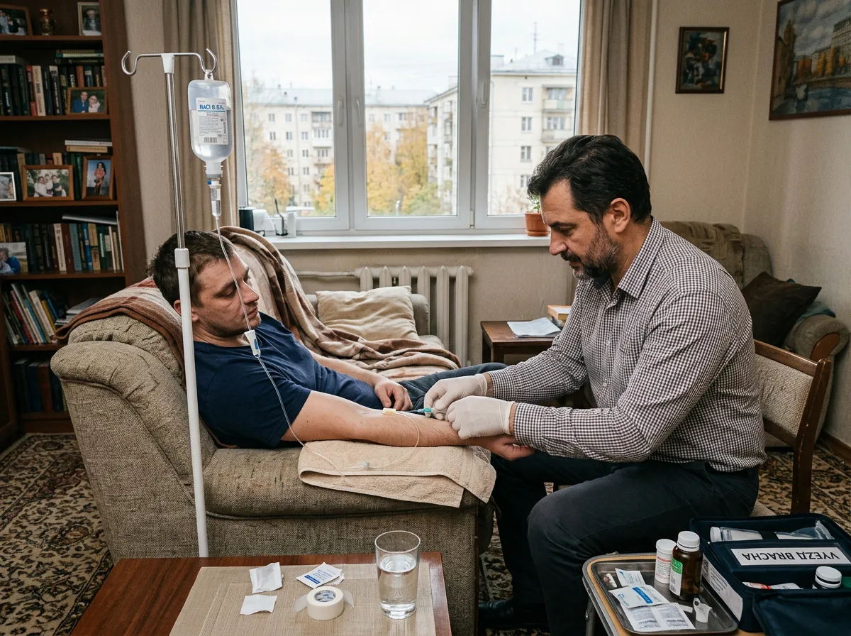 Врач-нарколог в гражданской одежде ставит капельницу пациенту дома в Москве, профессиональный медицинский выезд, дневное освещение, домашняя обстановка