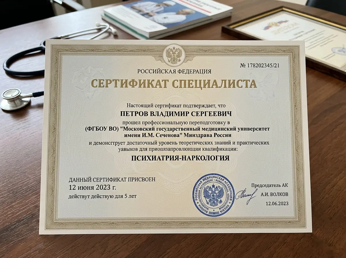 Сертификат специалиста по психиатрии-наркологии, официальный документ с печатью медицинской ассоциации России