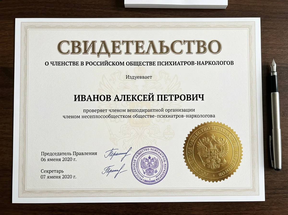Свидетельство о членстве в Российском обществе психиатров-наркологов, официальный документ, золотая печать